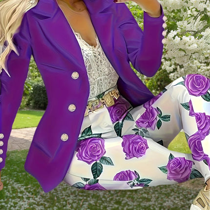 Floraison Power Set Double-Breasted Purple Blazer & High-Waist Floral Slim Pants