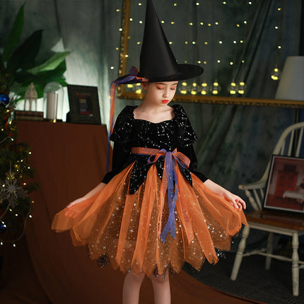 Girls’ Halloween Witch Costume Set – Hat, Dress & Magic Stick