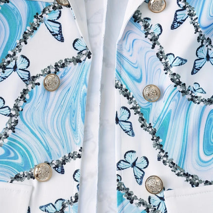 Mariposa Gradient Set Double-Breasted Butterfly Print Blazer & High-Waist Slim Pants in Sculpted Elegance