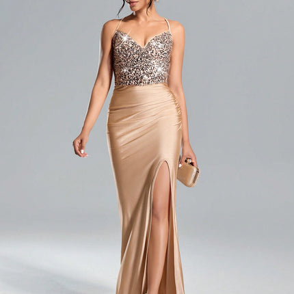 Lustra Sequin Slit Gown Suspended Backless Maxi with High Waist & Patchwork Glamour