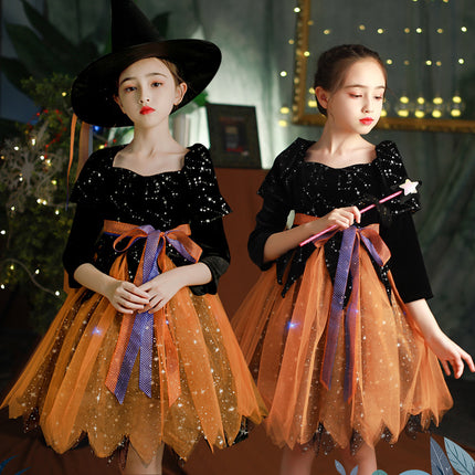 Girls’ Halloween Witch Costume Set – Hat, Dress & Magic Stick