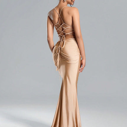 Lustra Sequin Slit Gown Suspended Backless Maxi with High Waist & Patchwork Glamour