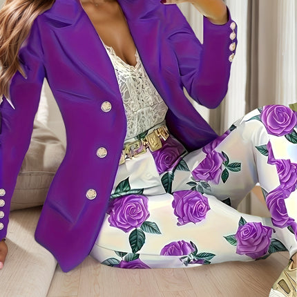 Floraison Power Set Double-Breasted Purple Blazer & High-Waist Floral Slim Pants