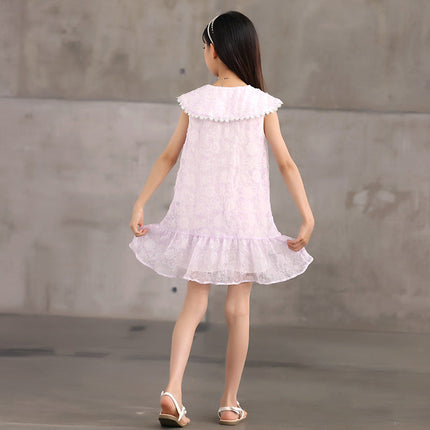 Design Summer Kids Girls French Style Purple Fashion Lace Trim Collar Dress-1