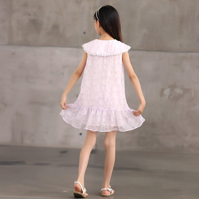 Design Summer Kids Girls French Style Purple Fashion Lace Trim Collar Dress-1