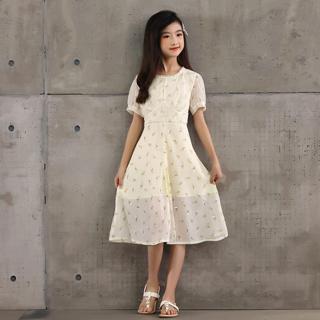 Arrival Summer Kids Girls French Style Chiffon Fashion Short Sleeves Floral Dress-1