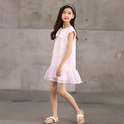 Design Summer Kids Girls French Style Purple Fashion Lace Trim Collar Dress-3