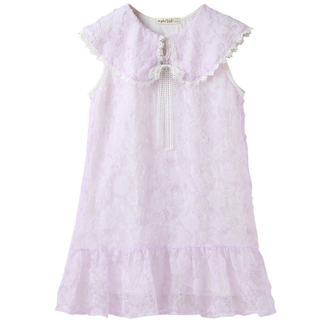 Design Summer Kids Girls French Style Purple Fashion Lace Trim Collar Dress-4