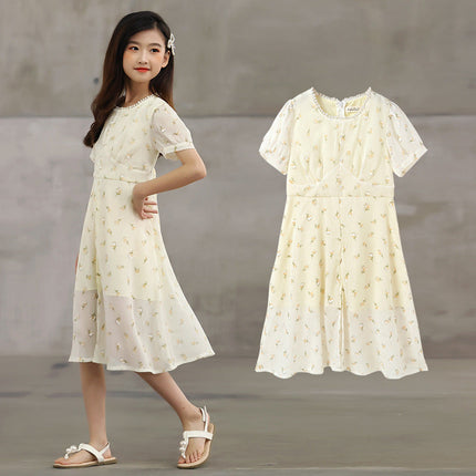 Arrival Summer Kids Girls French Style Chiffon Fashion Short Sleeves Floral Dress-0